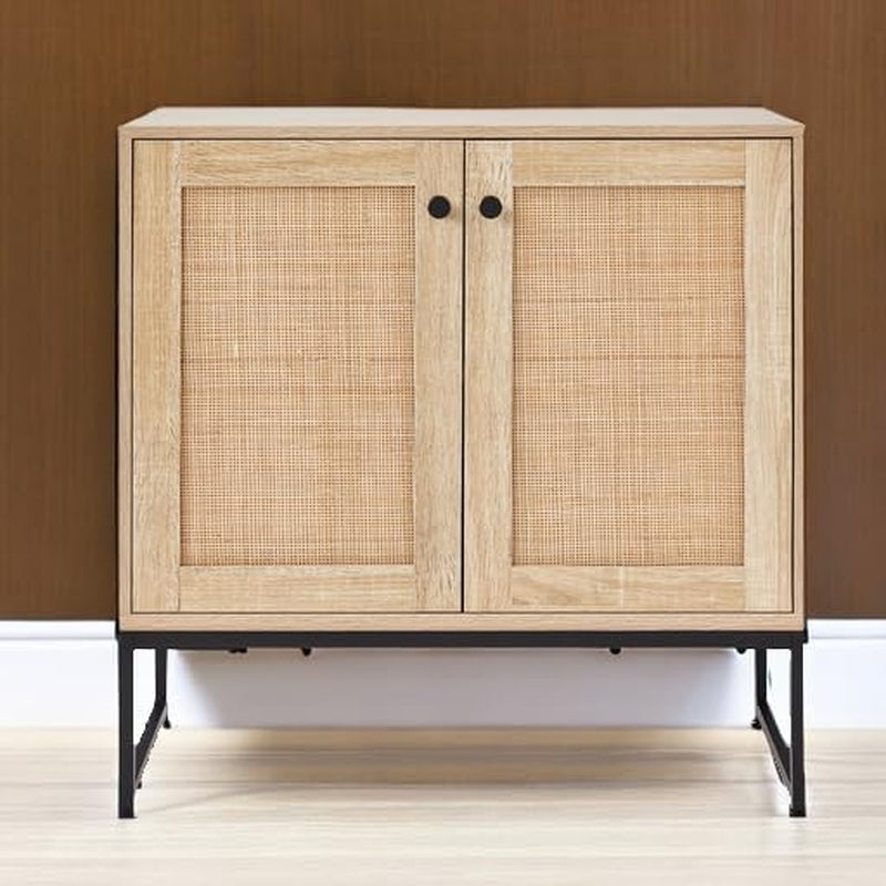 Two Door Rattan Storage Cabinet Natural Finish With Non Scratch Foot